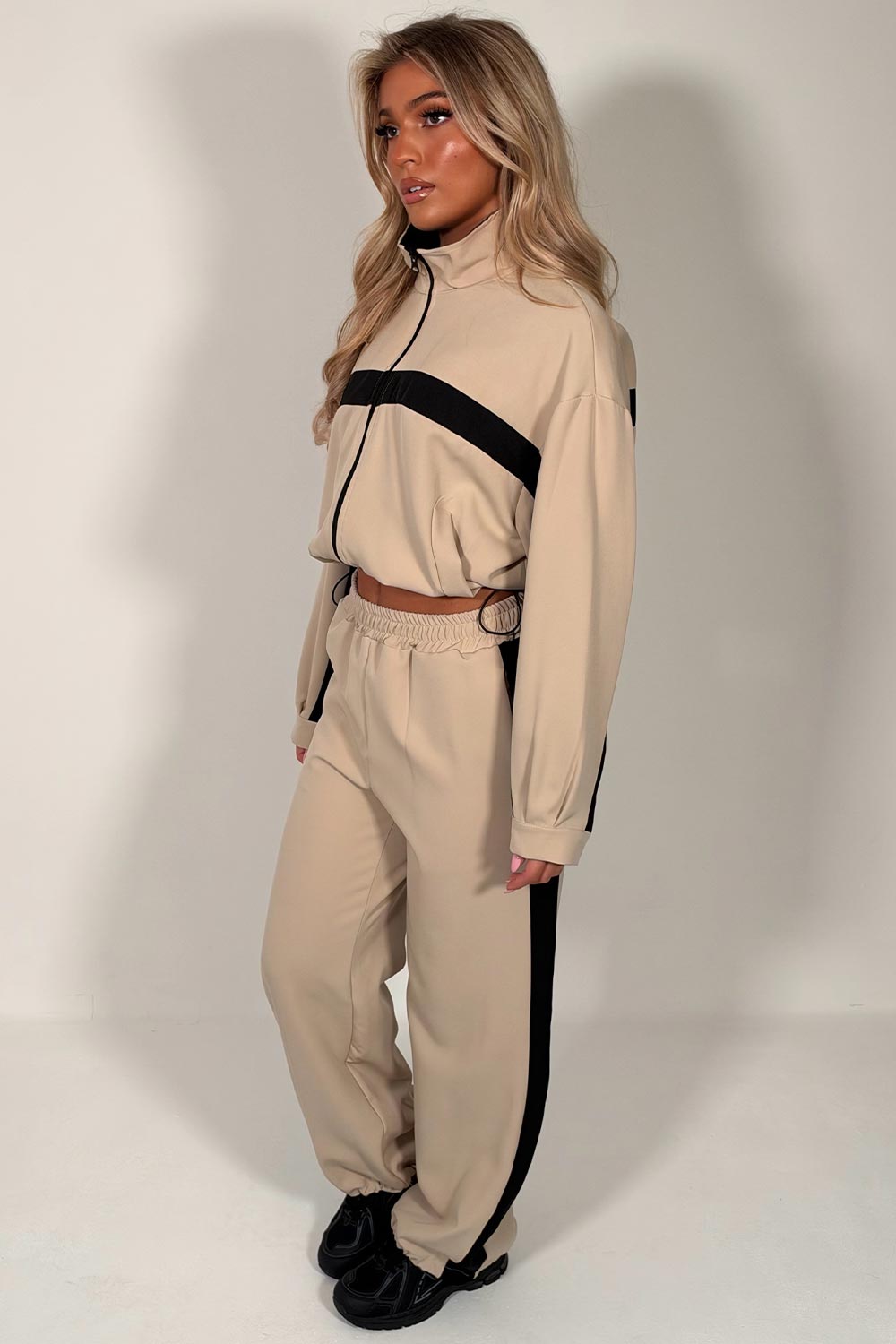 womens contrast panel color block zip up funnel neck jacket and trousers beige loungewear two piece co ord tracksuit set styledup uk