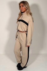 womens contrast panel color block zip up funnel neck jacket and trousers beige loungewear two piece co ord tracksuit set styledup uk