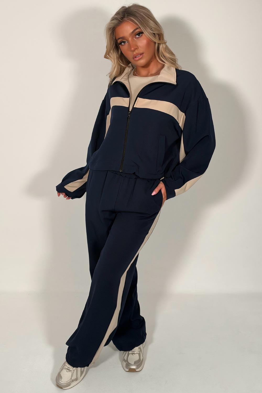 womens contrast panel color block zip up funnel neck jacket and trousers navy loungewear two piece co ord tracksuit set styledup uk