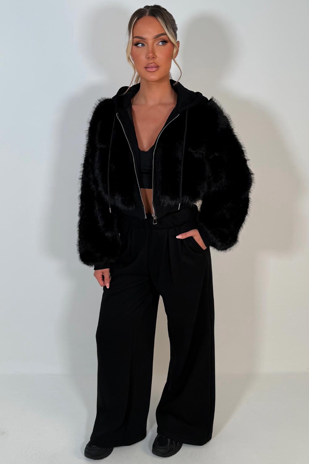 black faux fur hoodie and joggers ttracksuit co ord set styledup uk