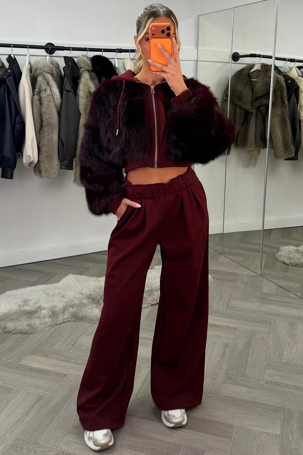 womens faux fur hoodie and wide leg joggers two piece co ord set burgundy styledup uk