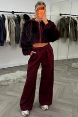 womens faux fur hoodie and wide leg joggers two piece co ord set burgundy styledup uk