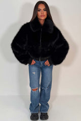 faux fur jacket with collar and zip up styledup black