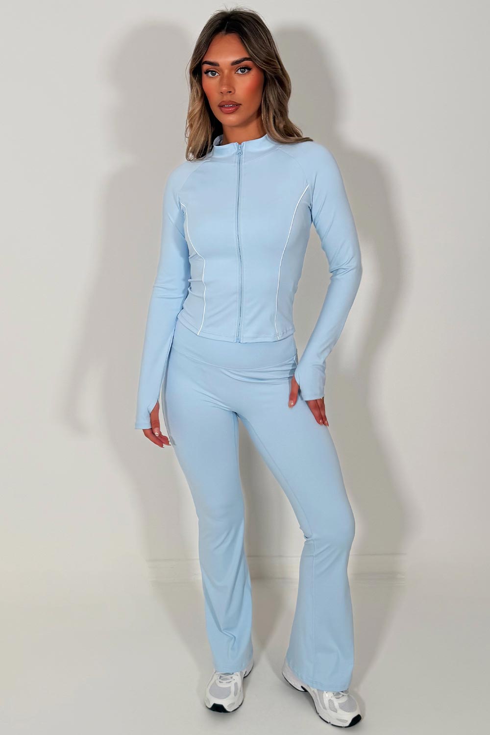 womens alo yoga zip up sports jacket and scrunch bum skinny flare pants two piece set baby blue