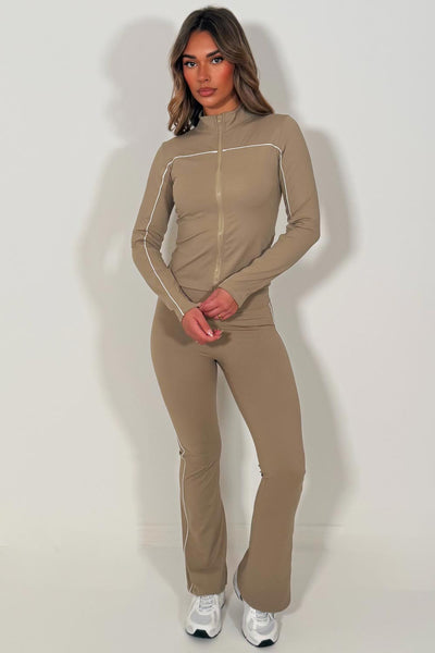 womens lululemon flare high rise pants and zip up sports jacket two piece co ord set beige sale styledup