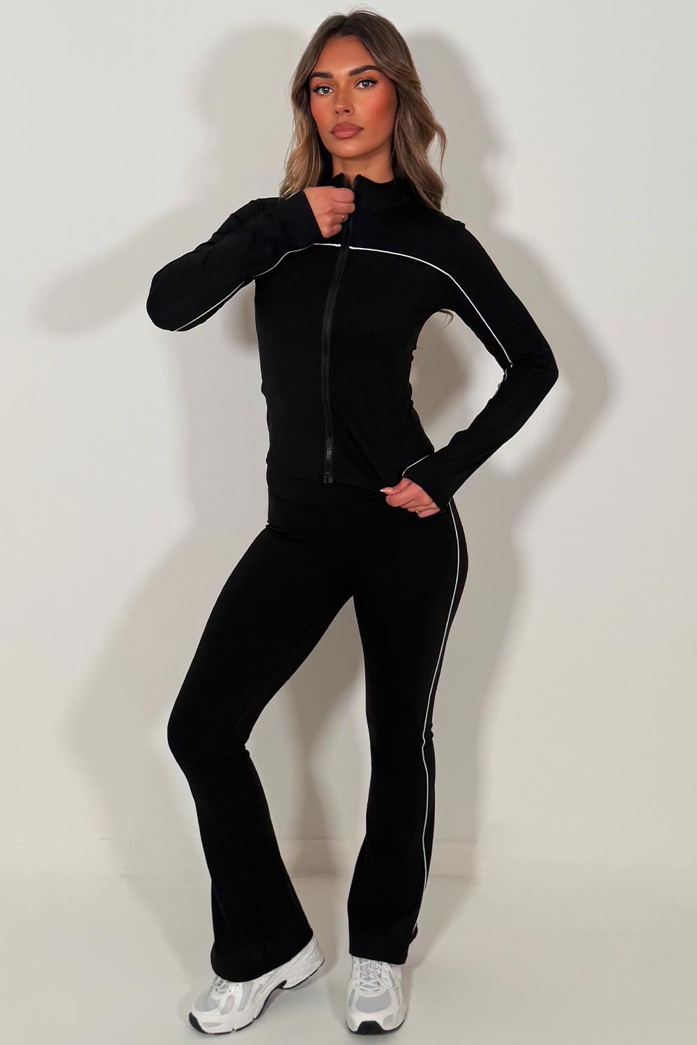 womens lululemon flare high rise pants & zip up sports jacket two piece co ord set black activewear outfit sale styledup