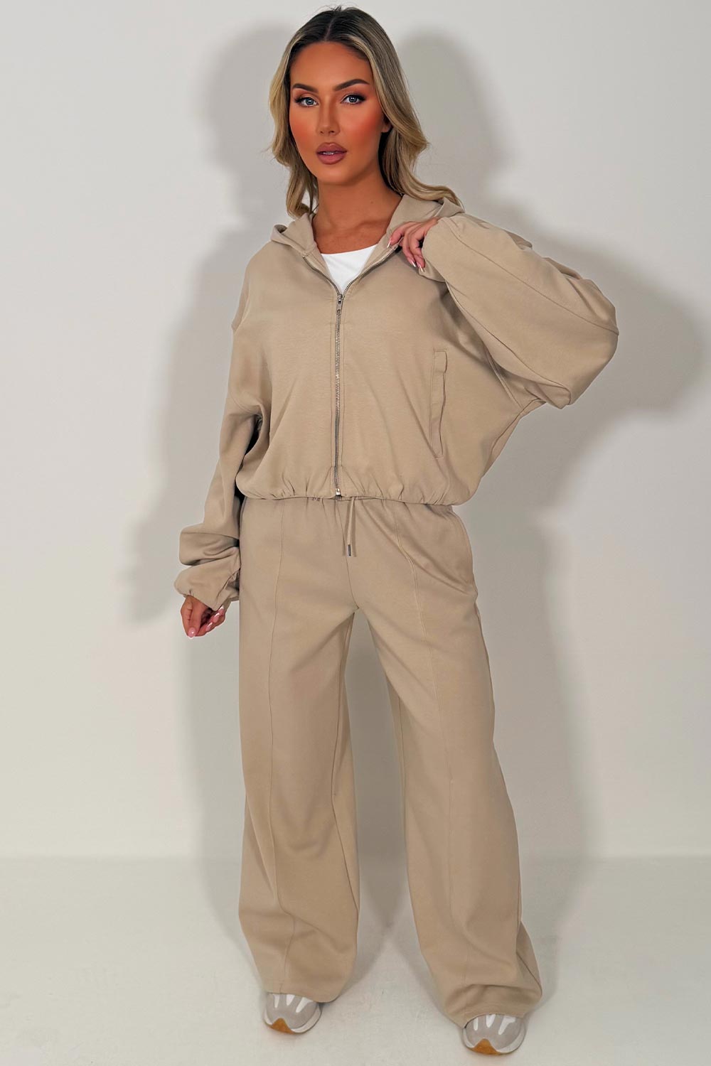 womens zara oatmeal soft bomber jacket and joggers two piece loungewear tracksuit set
