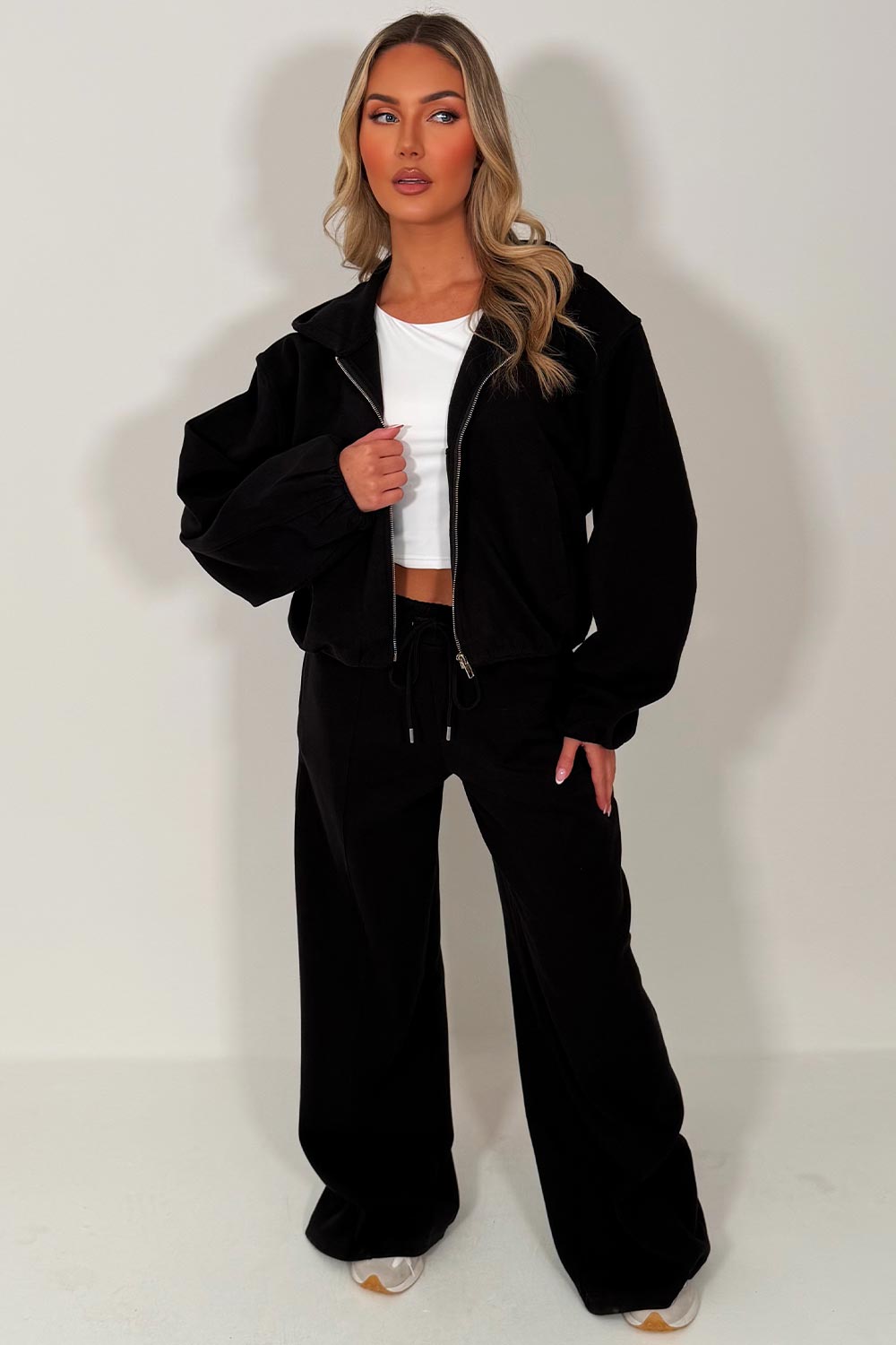 womens black hooded bomber jacket with elasticated hem elasticated cuff and seam detail joggers two piece tracksuit set zara womens uk sale 