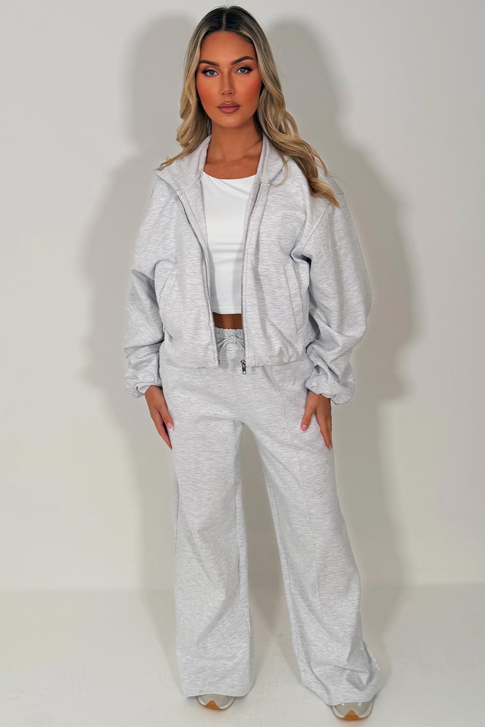 womens zara grey marl soft bomber jacket and joggers two piece loungewear tracksuit set
