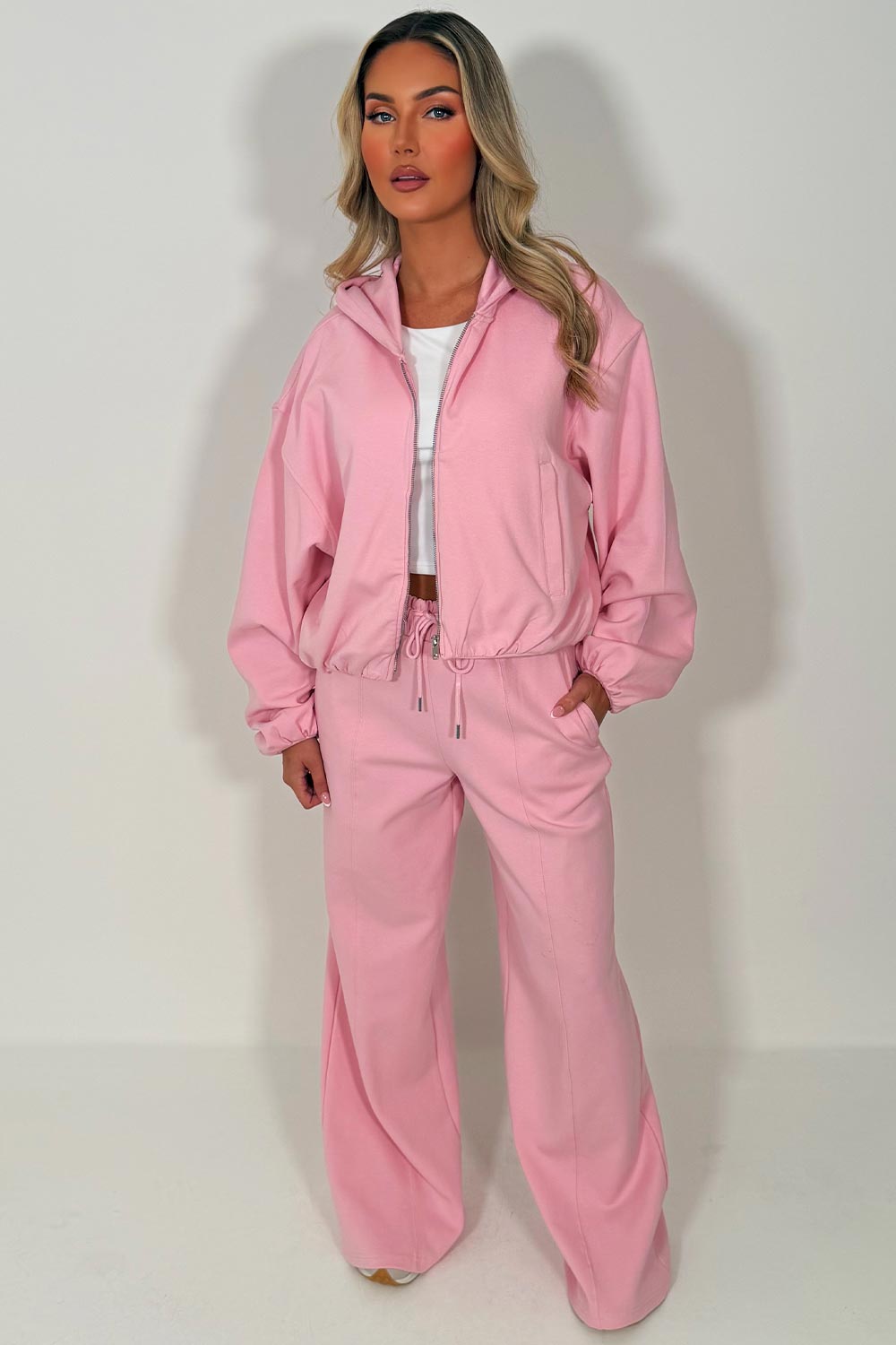 womens zara pink soft bomber jacket and joggers two piece loungewear tracksuit set