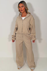 womens oatmeal hooded bomber jacket with elasticated hem elasticated cuff and seam detail joggers two piece tracksuit set zara womens uk sale 