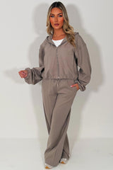 womens dove grey hooded bomber jacket with elasticated hem elasticated cuff and seam detail joggers two piece tracksuit set zara womens uk sale 