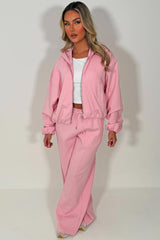 womens pink hooded bomber jacket with elasticated hem elasticated cuff and seam detail joggers two piece tracksuit set zara womens uk sale 
