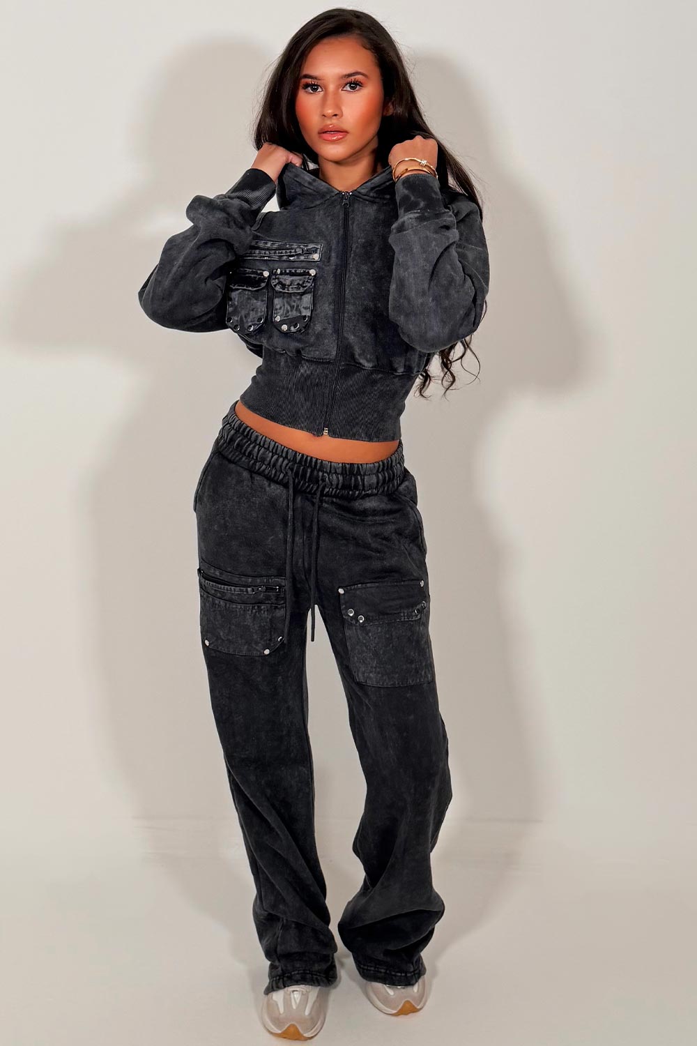 womens wide leg joggers and crop zip through hoodie tracksuit set charcoal styledup 