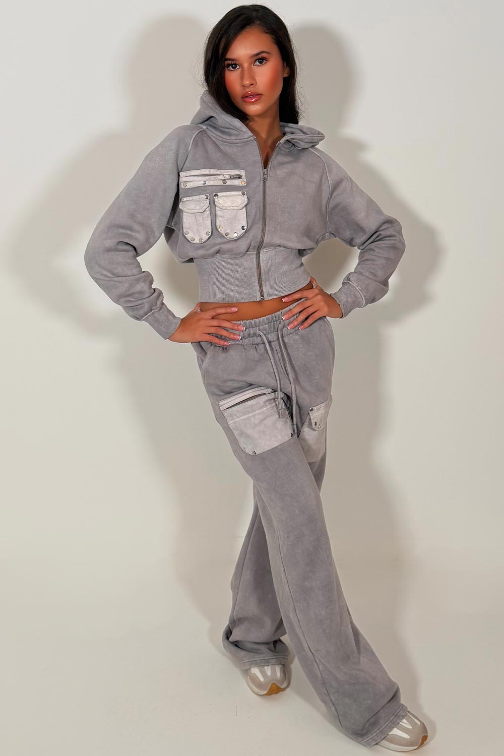 womens wide leg joggers and crop zip through hoodie tracksuit set dove grey styledup 