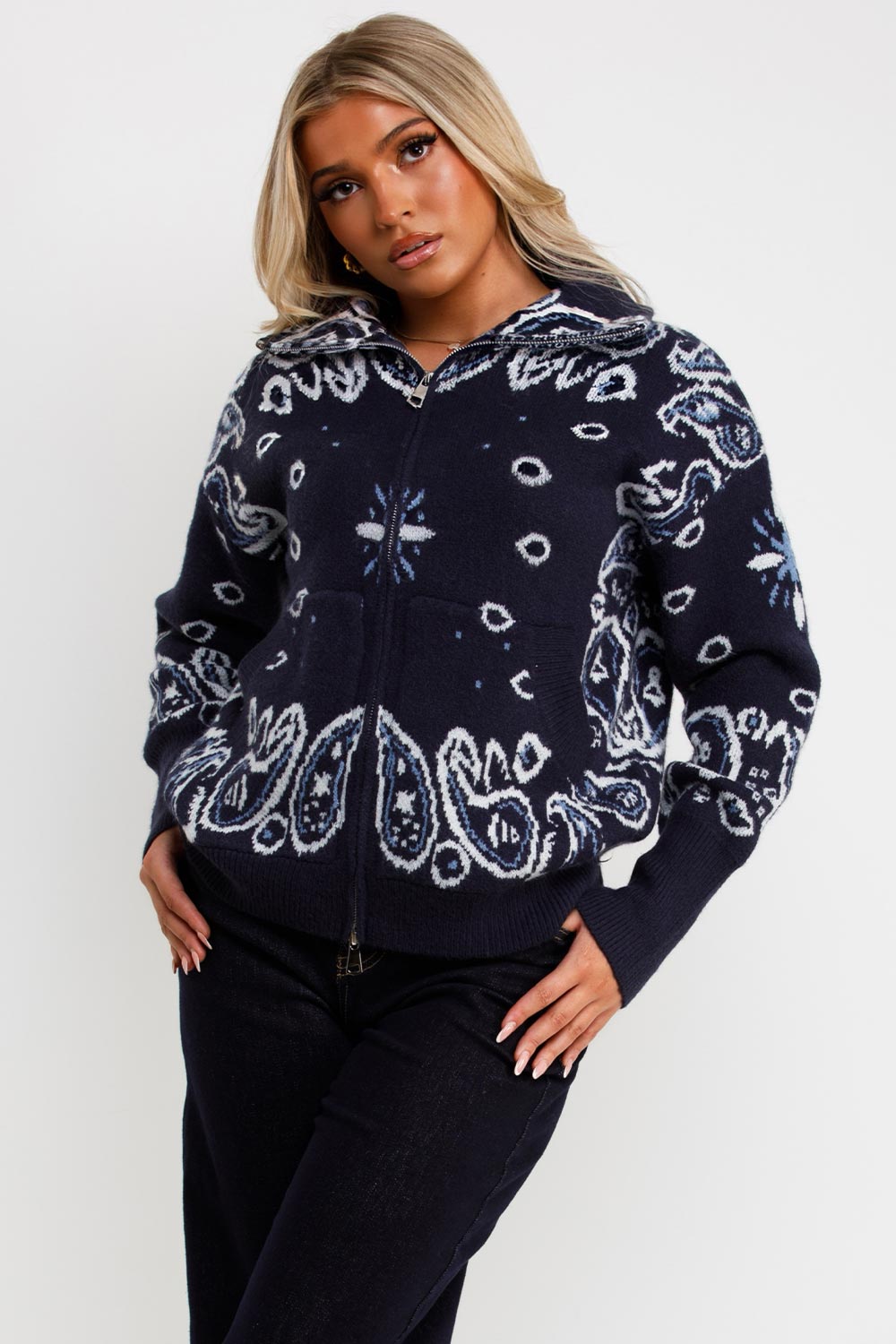 thick knitted paisley jumper cardigan styledup uk
