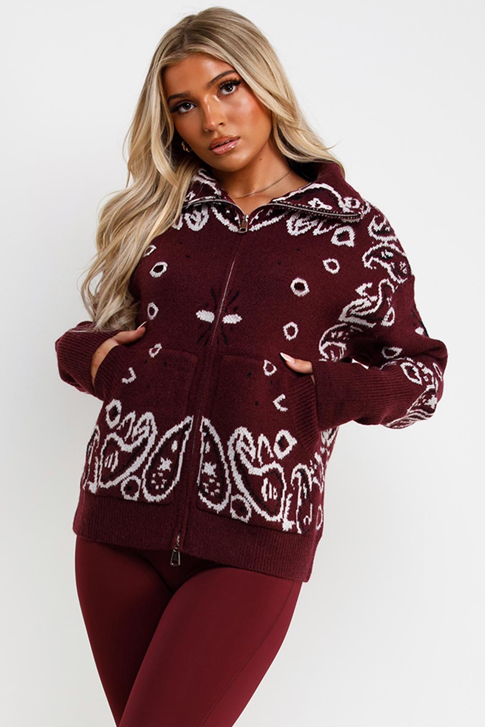 womens burgundy paisley jumper cardigan with double zip styledup uk