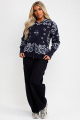 womens navy paisley jumper cardigan with double zip styledup uk