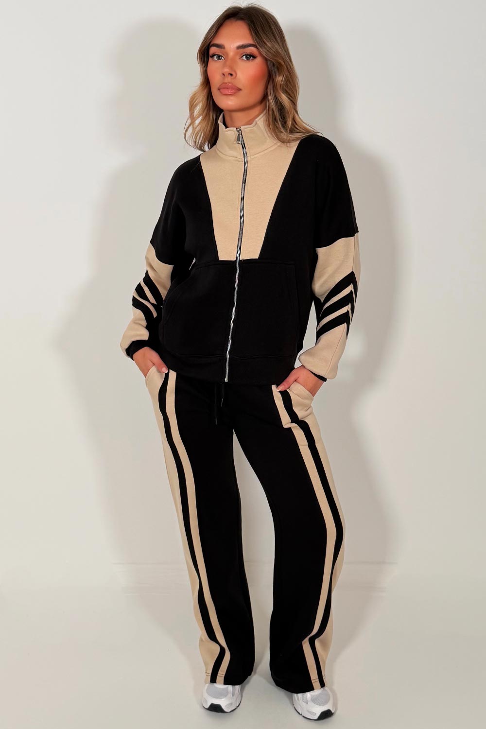 womens tracksuit zip up sweatshirt top & wide leg jogger airport outfit with stripe detail
