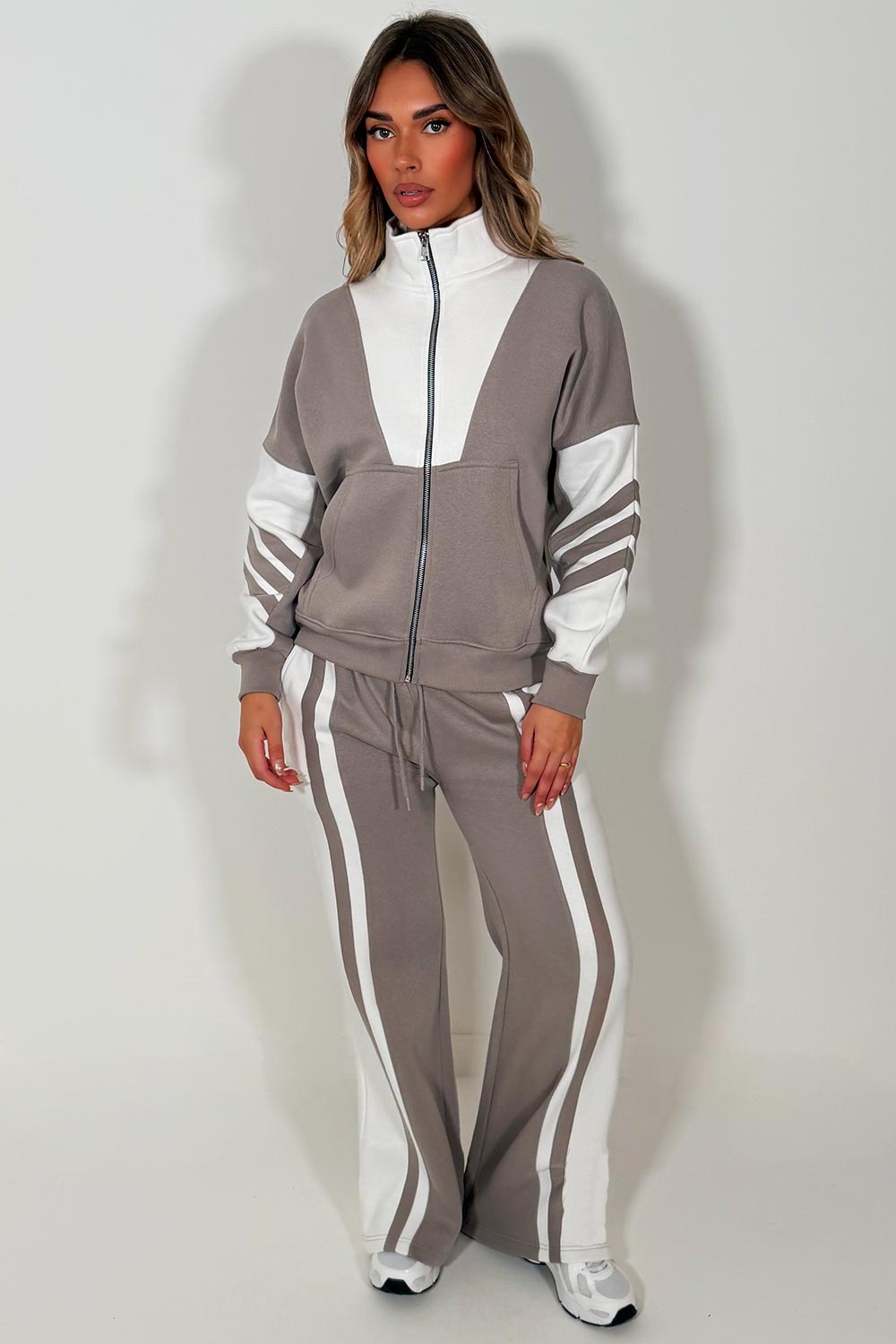 womens tracksuit zip up sweatshirt and wide leg jogger airport outfit really soft cosy premium cotton rich casual outfit from styledup fashion uk
