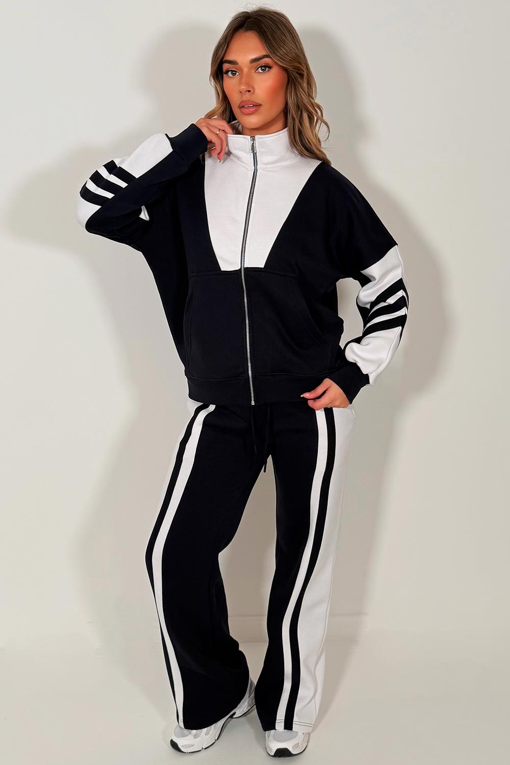 womens contrast stripe zip up sweatshirt and wide leg jogger tracksuit set styledup 