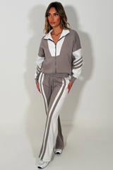 womens contrast stripe zip up sweatshirt and wide leg jogger tracksuit set styledup 