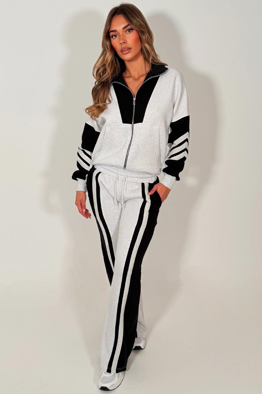 womens contrast stripe zip up sweatshirt and wide leg jogger tracksuit set styledup 