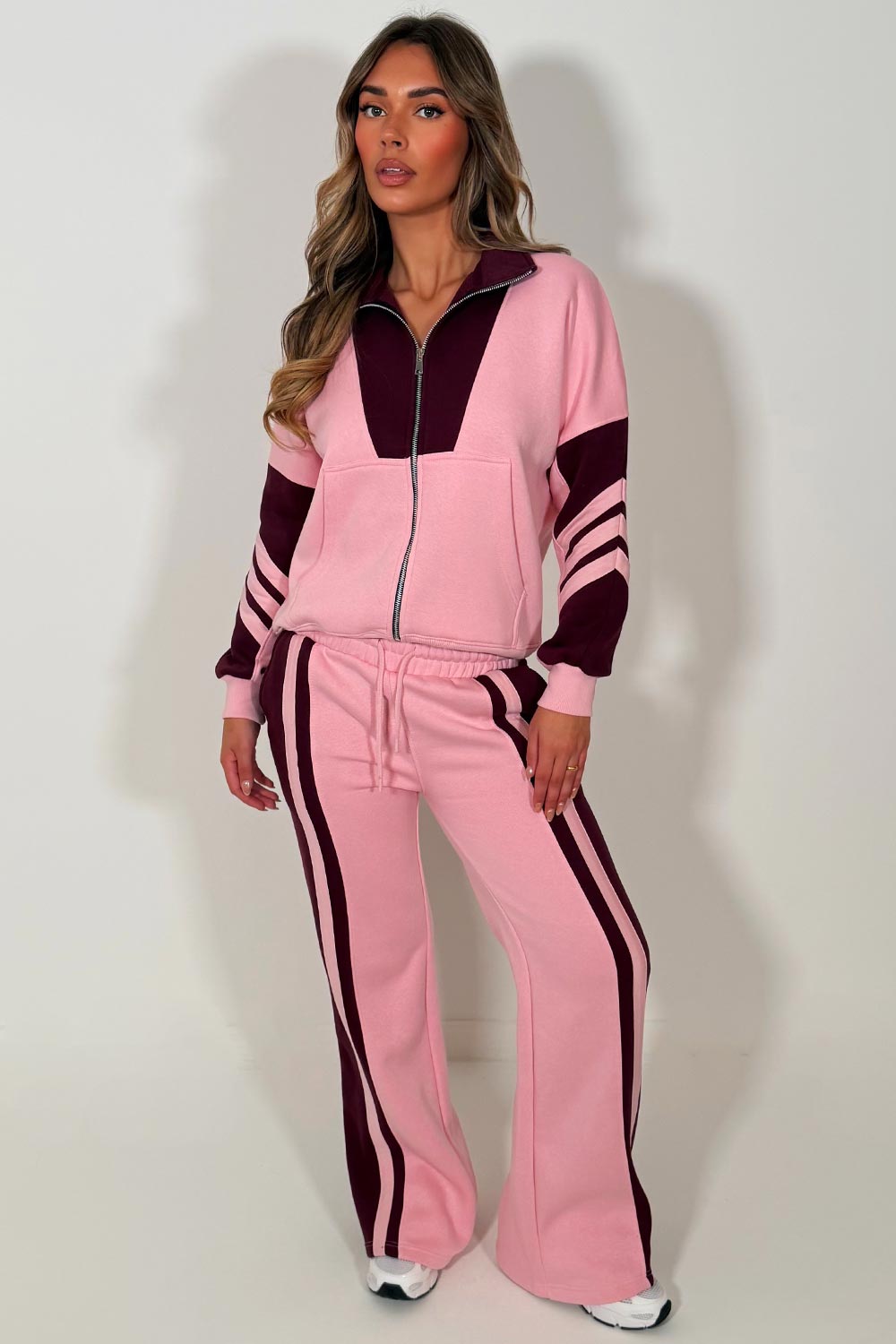 womens contrast stripe zip up sweatshirt and wide leg jogger tracksuit set styledup 