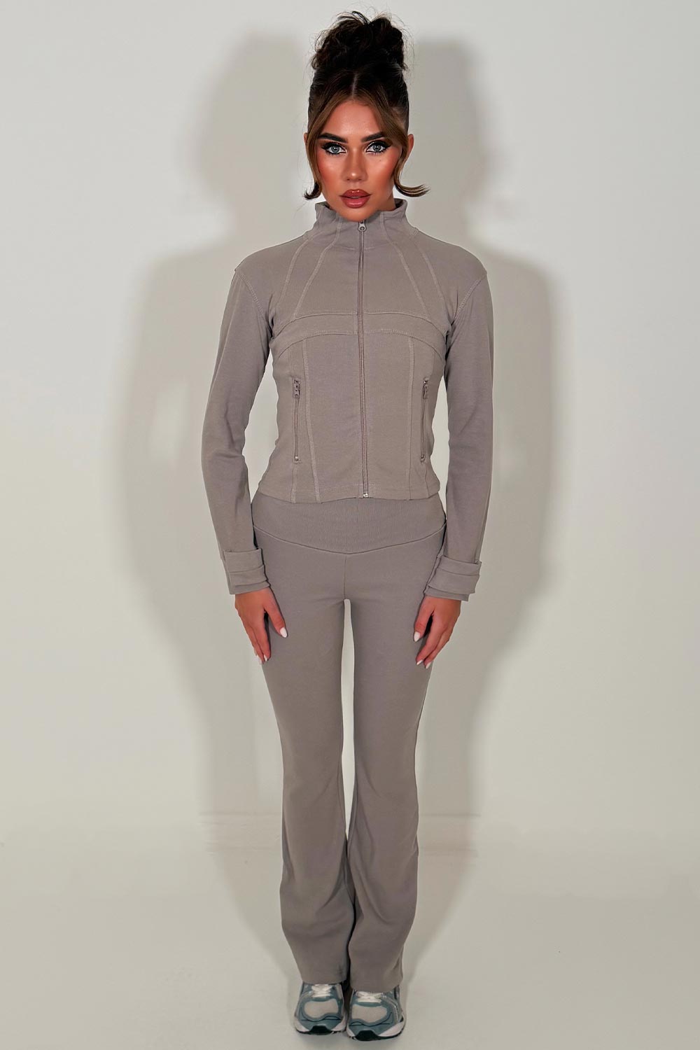 womens sports zip up jacket and flare trousers two piece co ord set alo uk styledup 