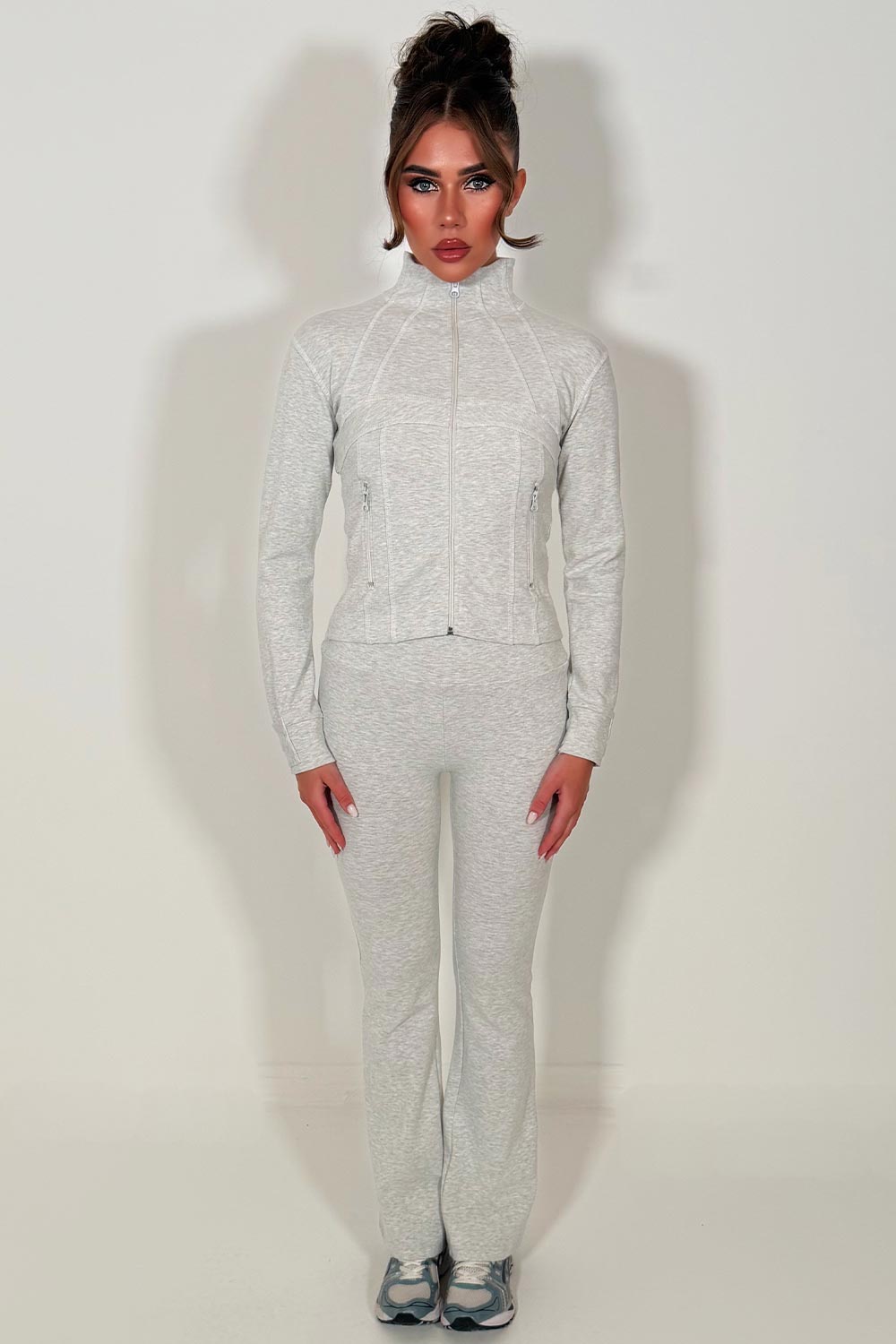 alo sports jacket and flare trousers two piece tracksuit grey marl