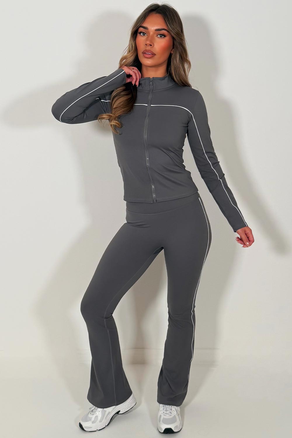 lululemon flare high rise yoga pants and zip up sports jacket two piece co ord set grey activewear gym outfit sale styledup