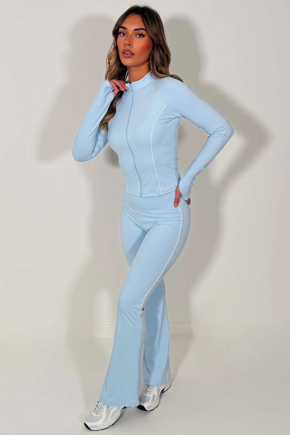 womens baby blue zip up sports jacket and scrunch bum flare trousers two piece set yoga and pilates outfit lululemon uk
