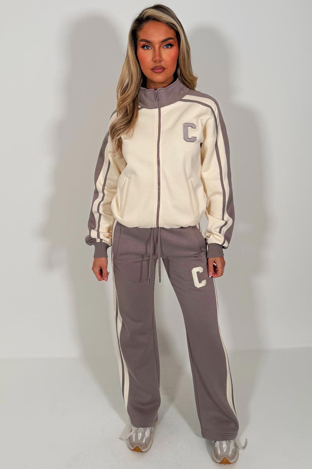 womens zip up sweatshirt and wide leg joggers tracksuit styledup