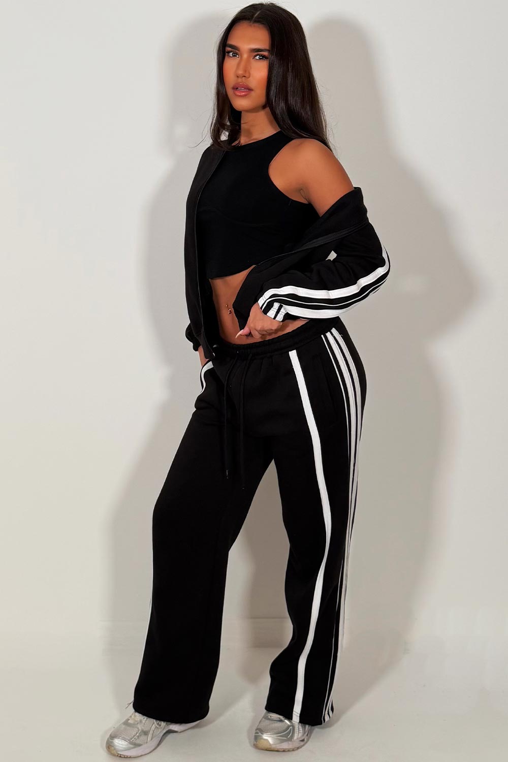 womens black tracksuit co ord lounge set with side stripes styledup 