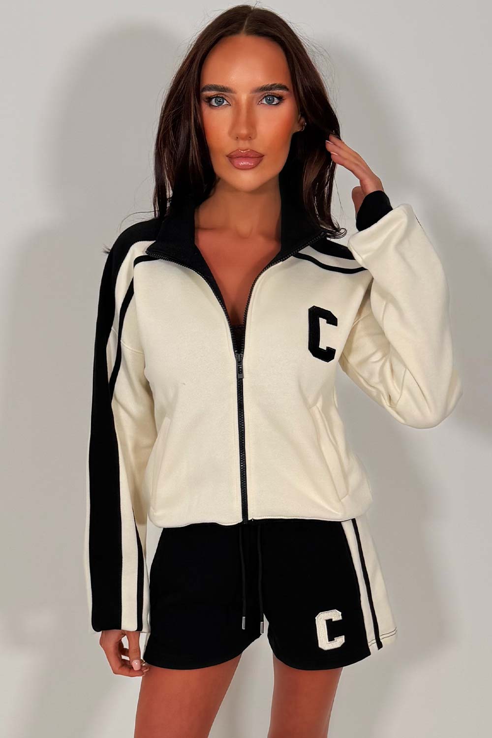 womens zip up sweatshirt and shorts lounge set summer tracksuit styledup