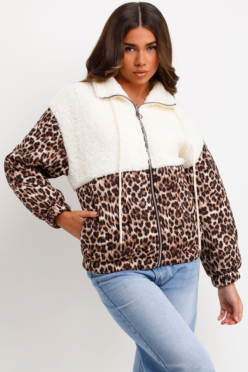 leopard print quilted jacket with teddybear shoulders