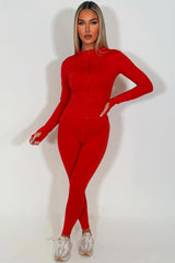 womens zip up sports jacket and leggings two piece set lululemon activewear gym red co ord
