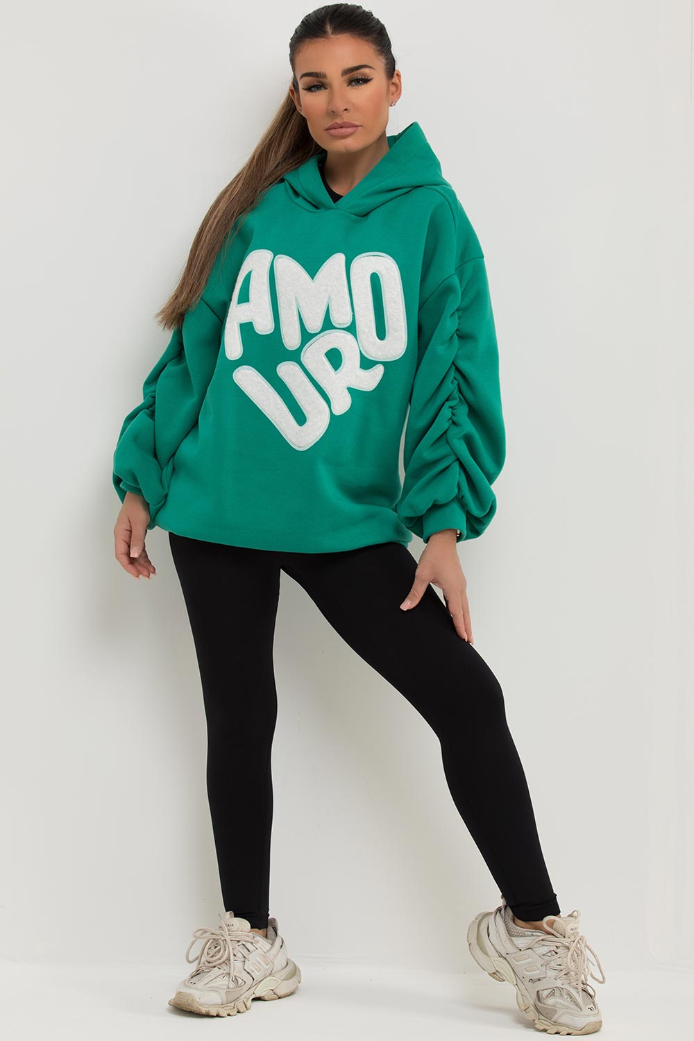 amour hoodie with ruched gathered sleeves womens