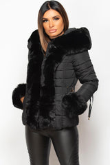 faux fur hood puffer coat black