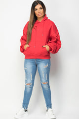 womens red oversized ruched sleeve hoodie uk