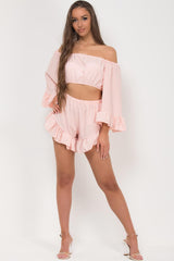 pink bell sleeve off shoulder crop top shorts two piece set 