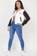 womens baseball bomber varsity jacket with b slogan