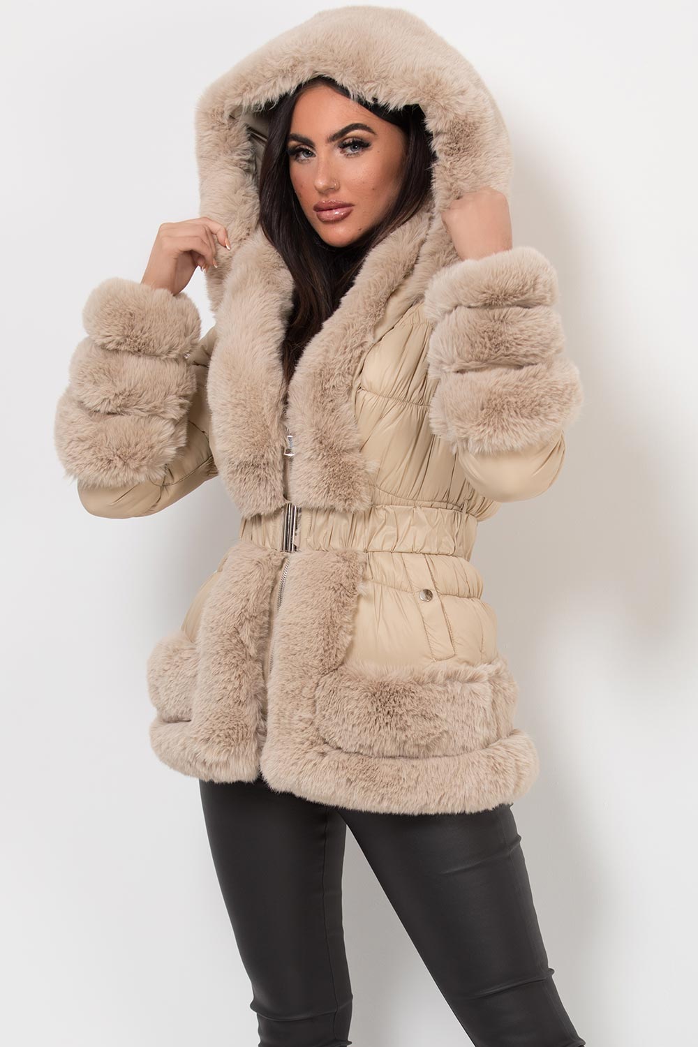 puffer down jacket with fur hood and trim
