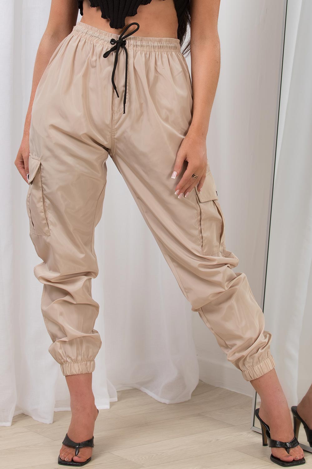Beige Elastic Waist High Rise Wide Leg Cargo Pants | Ally Fashion