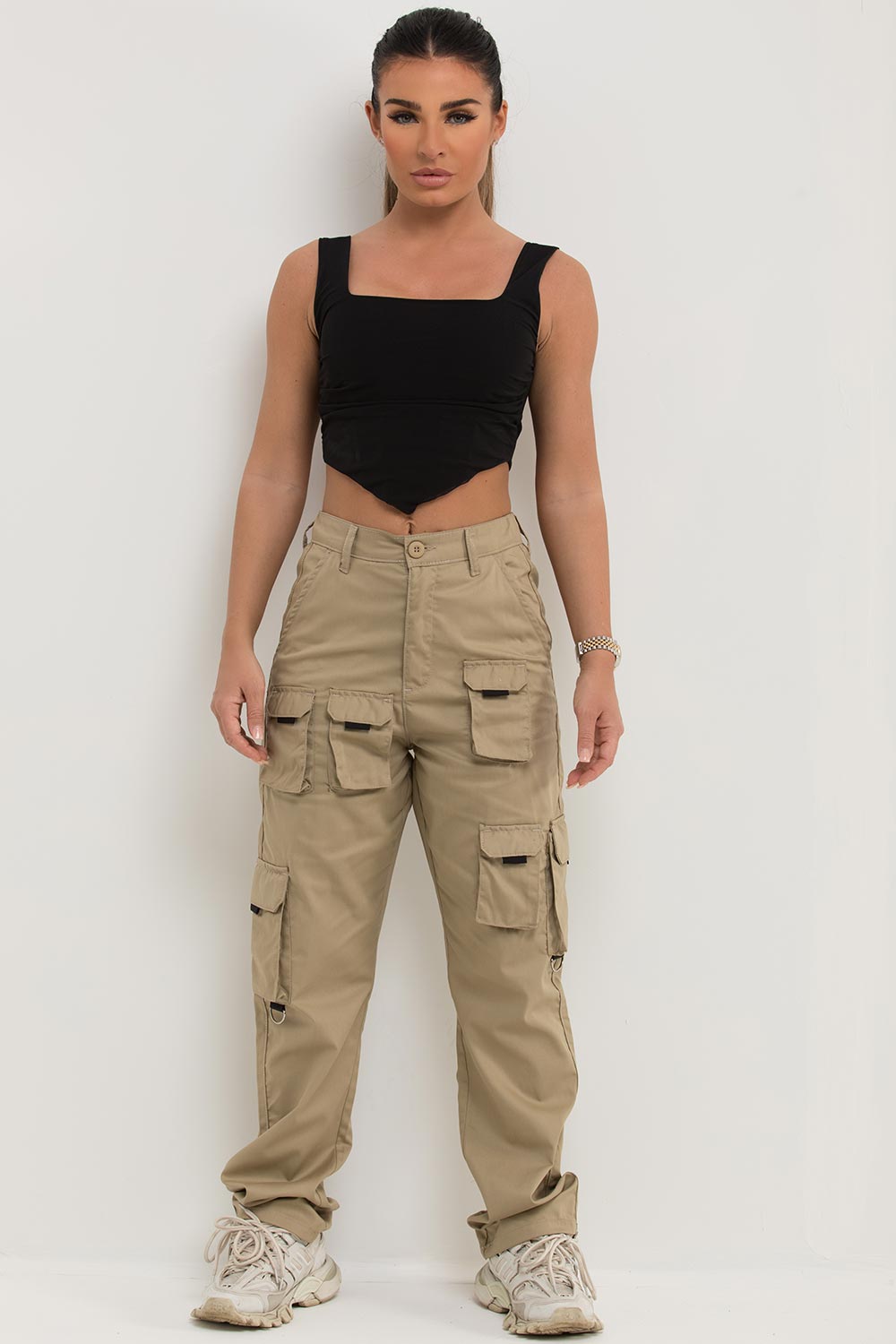 womens high waisted cargo trousers with pockets