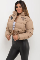 womens crop puffer jacket with nyc embroidery sale