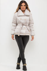 gold button double breasted puffer padded coat longline