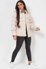 puffer padded quilted jacket with drawstring waist beige