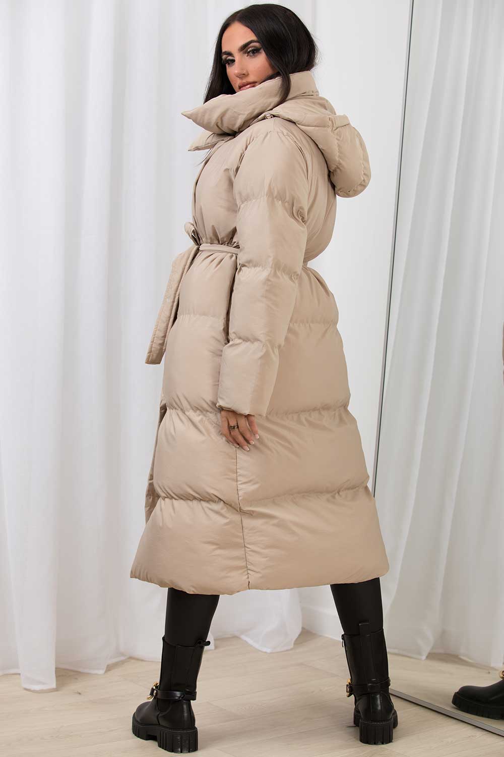 longline hooded padded duvet coat with belt
