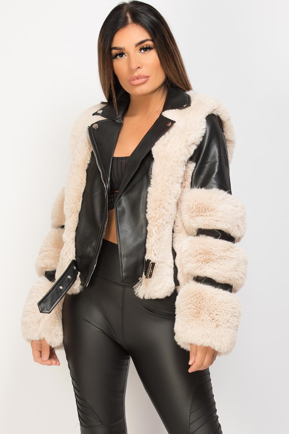 cream faux fur faux leather aviator jacket 
